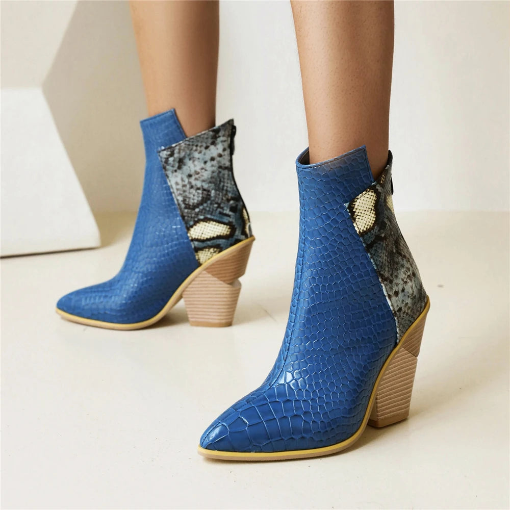Ella Croco-Effect Western Boots with Chunky Heel
