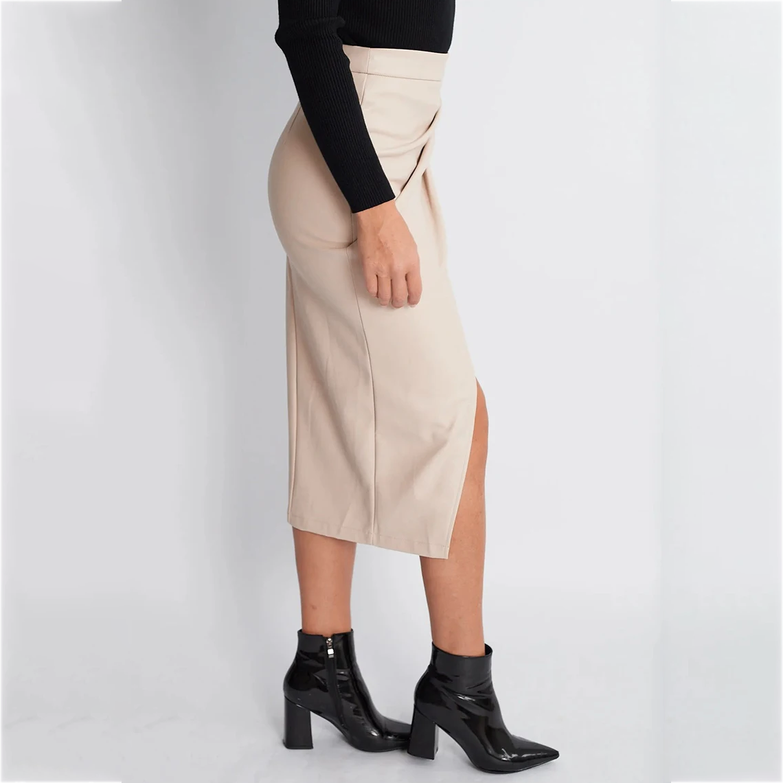 Front Slit Vegan Leather Skirt