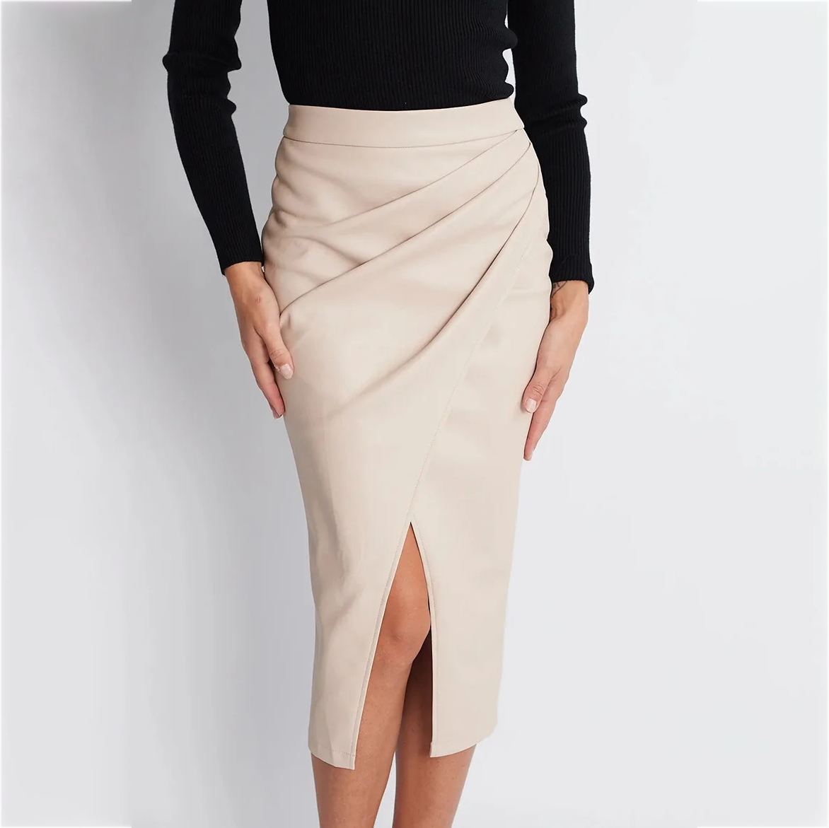 Front Slit Vegan Leather Skirt