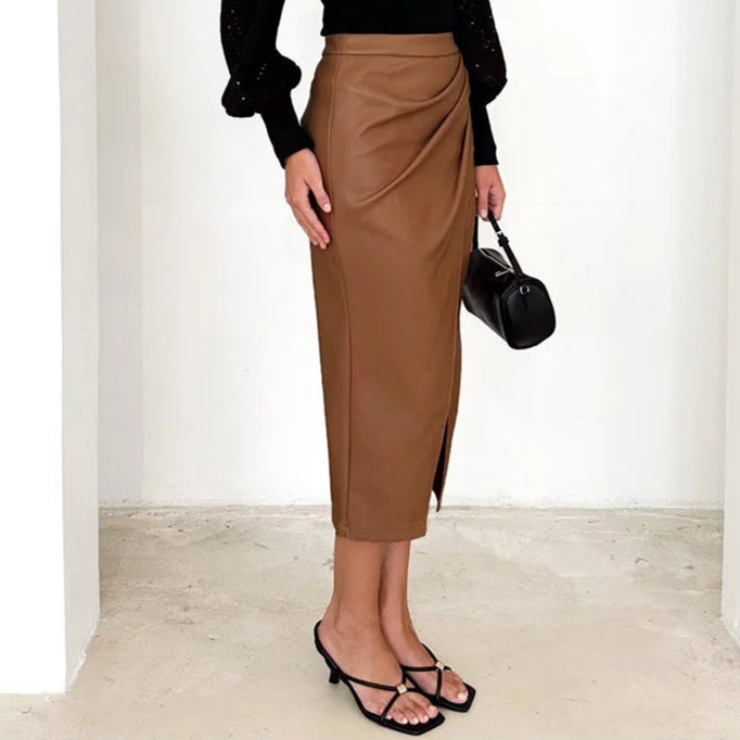 Front Slit Vegan Leather Skirt