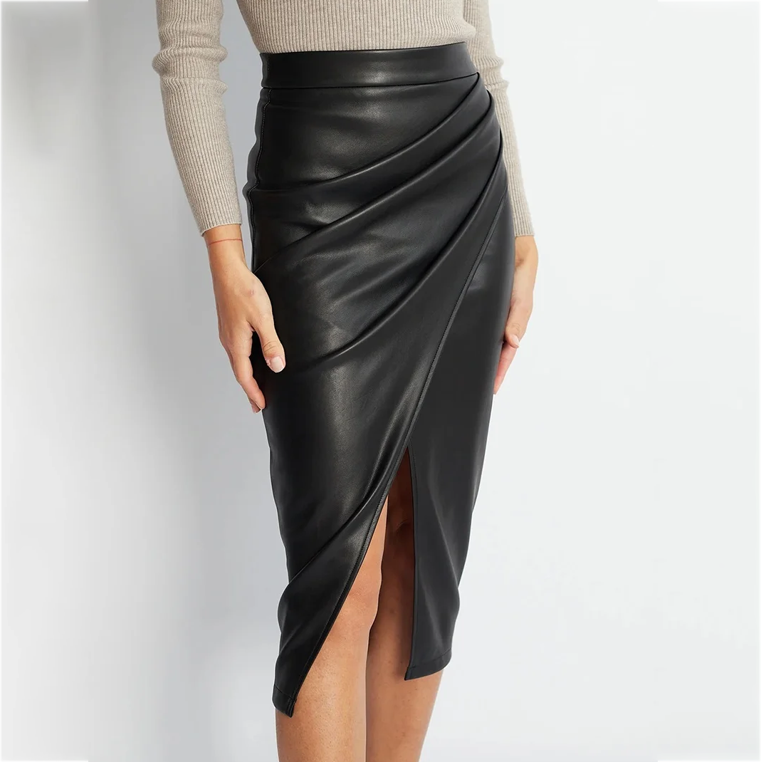 Front Slit Vegan Leather Skirt