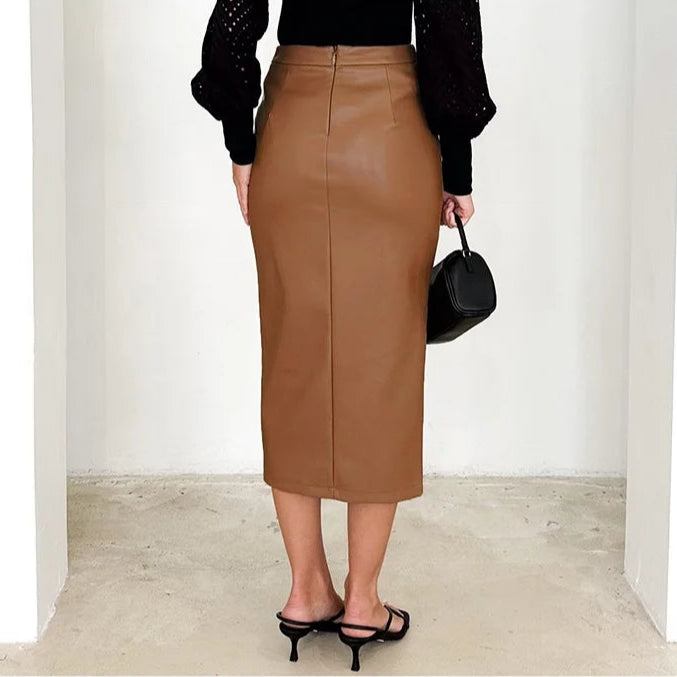 Front Slit Vegan Leather Skirt